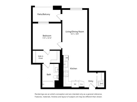 Floor plan for 1 bed, 1 bath, 735 sqft